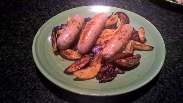 Roast veg and cider sausages