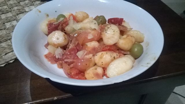 Gnocchi with tomato, chorizo & green olives