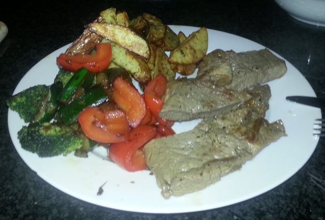 Teriyaki beef with vegetables and hand cut chips