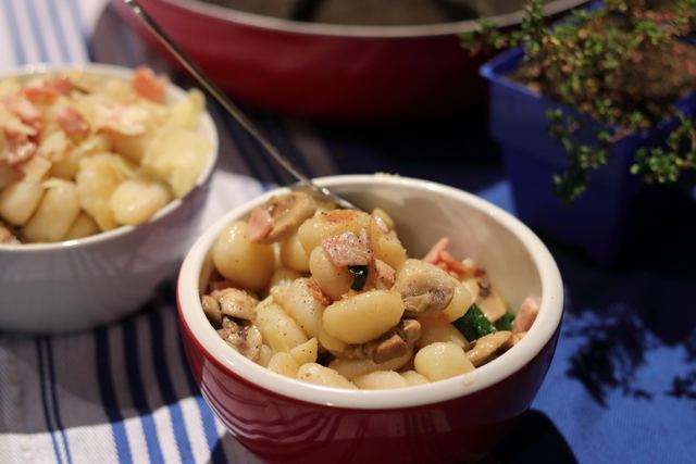 Crispy gnocci with bacon, mushroom, parmesan