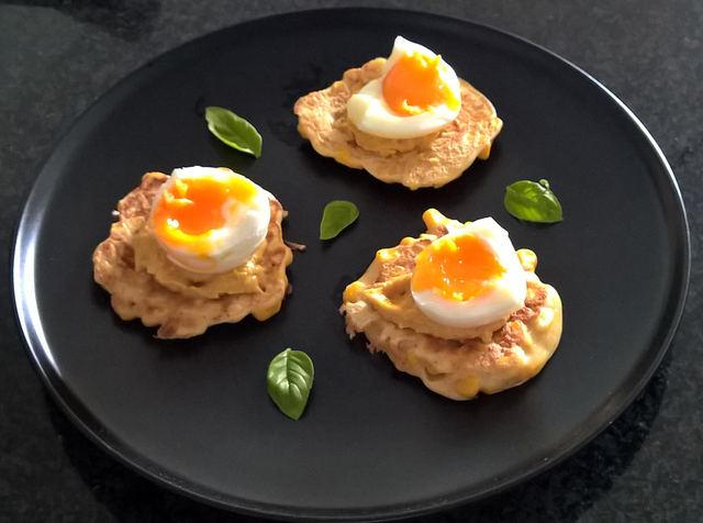 Ricotta & Corn fritters with pumpkin dip and soft boiled eggs