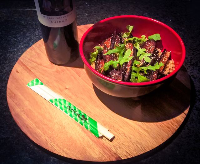 Quinoa bowl with miso eggplants