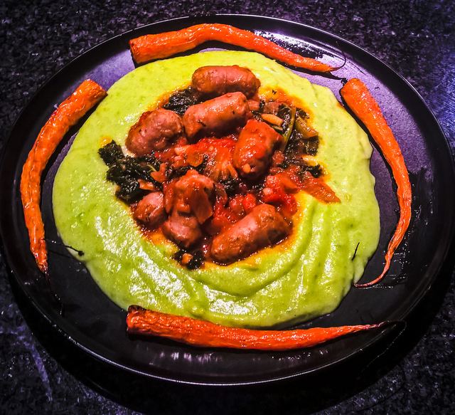 Sausage and kale stew with pea puree