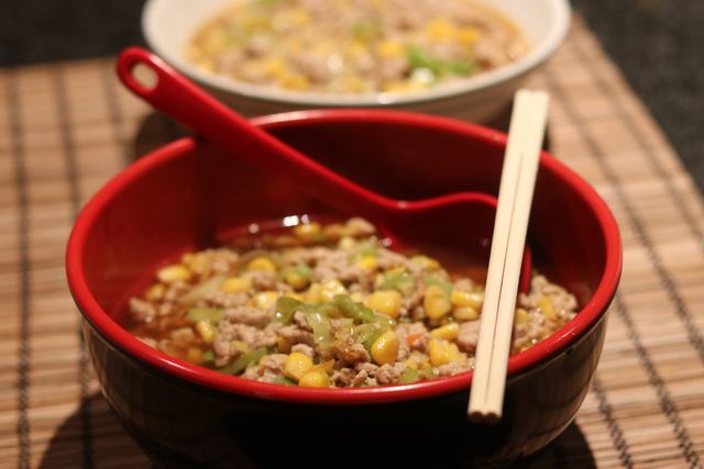 Miso flavoured broth with spicy pork and ramen noodles