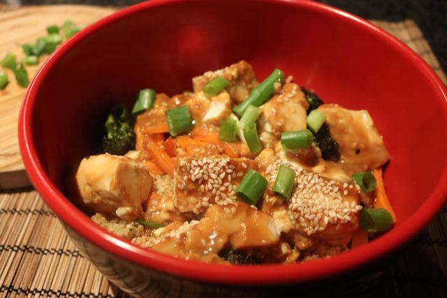 Quinoa bowl with miso baked tofu and crunchy veg
