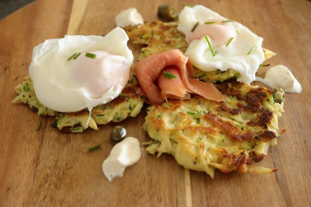 Zucchini rosti with salmon and poached eggs