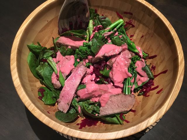 Beetroot & beef salad with beetroot and hommus dressing
