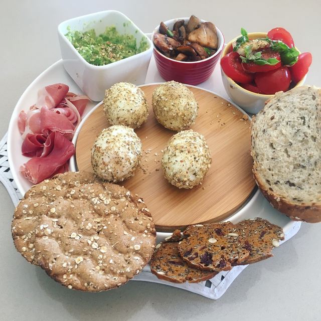 Breakfast deli platter with dukkah coated eggs