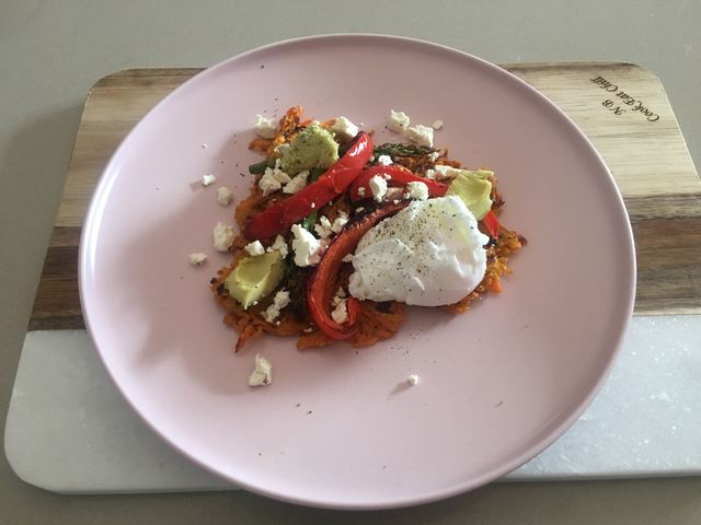 Sweet potato rosti with grilled vegetables, poached egg, avo and feta